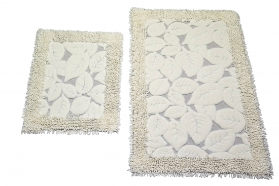 Preview: Badezimmerteppich Set 2-teilig Blätter Design Creme rutschfest & waschbar
