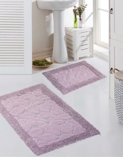 Badematten Set 2 Teilig Blätter Design Lila Rutschfest & Waschbar