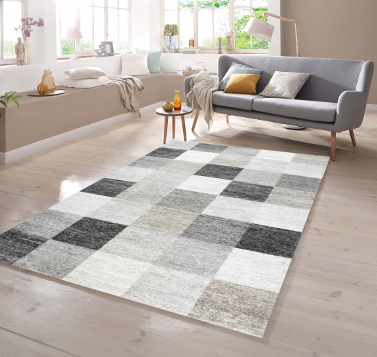 Preview: Teppich Karo Kurzflor in Grau