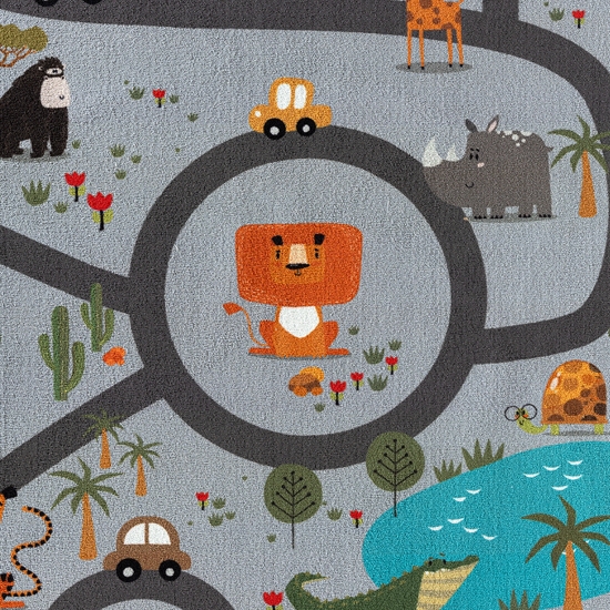 Preview: Rutschfester Kinder-Straßenteppich mit Tieren grau