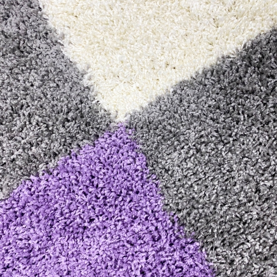 Preview: Hochflor Teppich mit Karo Muster in Grau, Flieder und Creme