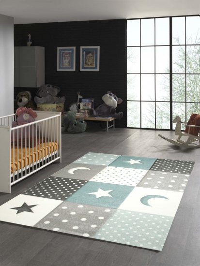 Kinderteppich Stern Mond in Weiss Grau Blau