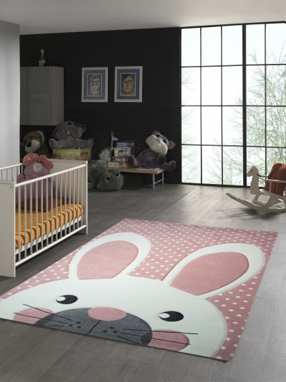 Kinderteppich Hase in Rosa Weiss Grau