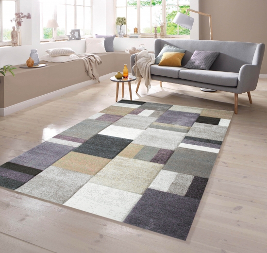 Designer Teppich mit Konturenschnitt Karo Muster mit Pastellfarben Bunt Lila Senfgelb Grau Creme Beige