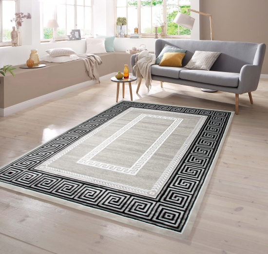 Designer Teppich mit Ornament Bordüre   Grau Cream Schwarz