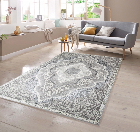 Designer Teppich Orient in Grau Silber Beige