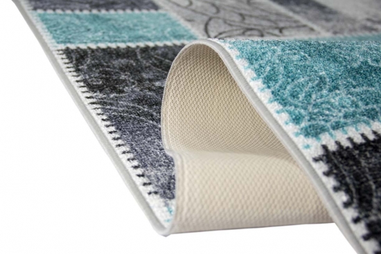 Preview: Teppich Karo Muster Türkis Grau Creme