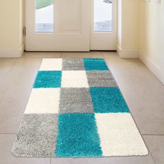 Preview: Shaggy Teppich in Karo Design Türkis Grau Cream