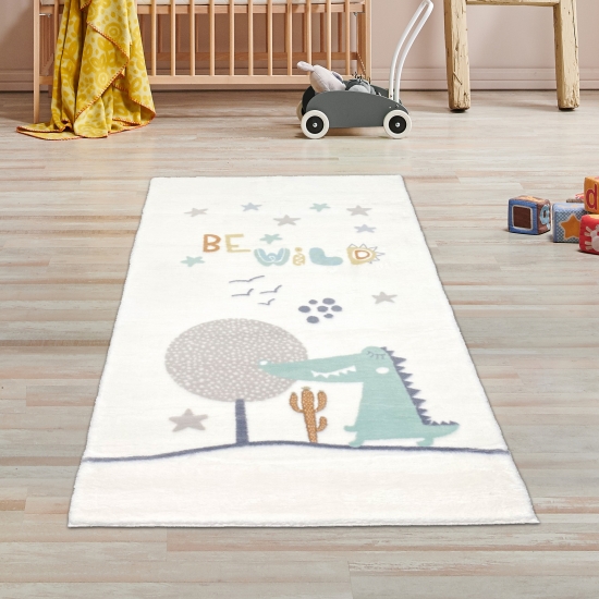 Preview: Kinder-Teppich besonders weich | Sterne & Dino | in Cream
