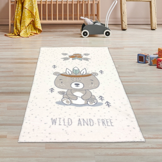 Preview: Weicher Kinderzimmer Teppich mit  Indiana -Bär design in Creme