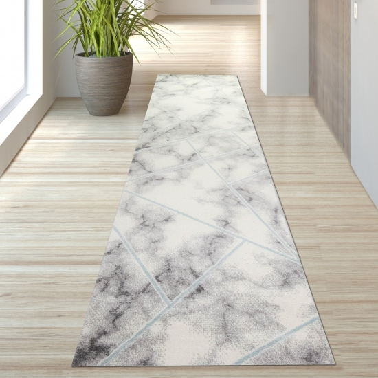 Preview: Designer Teppich Marmormuster blau grau creme