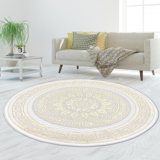 Preview: Glänzender Designerteppich mit Orientalischem Muster in weiß-gold