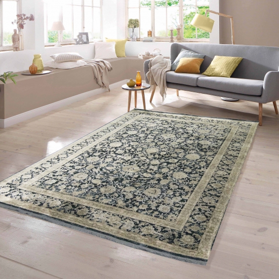 Moderner Teppich in orientalisches Blumendesign in Beige auf Schwarz