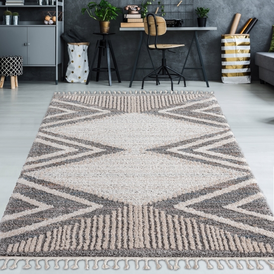 Boho Teppich mit modern legerem Rautenmuster in creme grau