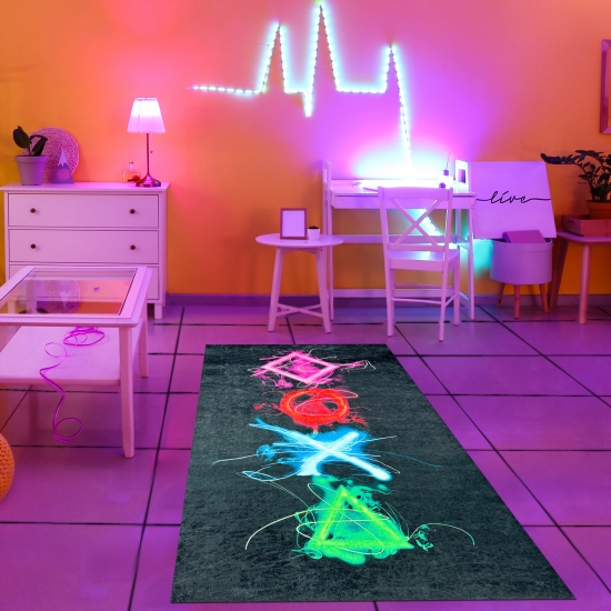 Preview: Gaming Teppich mit neonfarbigen Symbolen