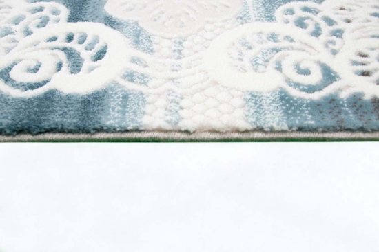 Preview: Designer Teppich mit Bordüre Ornamente in Türkis Creme Beige Braun