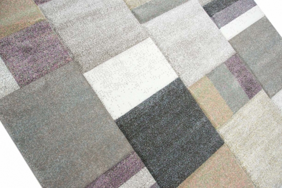 Preview: Designer Teppich mit Konturenschnitt Karo Muster mit Pastellfarben Bunt Lila Senfgelb Grau Creme Beige