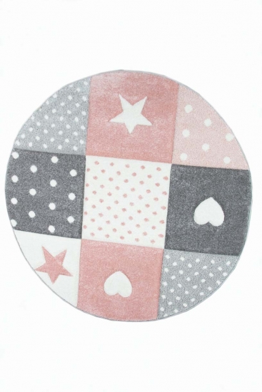 Preview: Kinderteppich mit Herz Stern in Rosa Weiss Grau