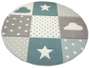Preview: Kinderteppich mit Stern Wolke in Blau Grau Creme