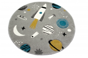 Preview: Kinderteppich mit Raumschiff Sternen und Planeten in Grau
