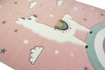 Preview: Kinderteppich Lama Einhorn Wolken in Rosa