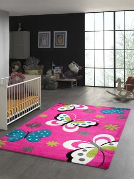 Kinderteppich Schmetterling Design Pink Türkis Grau Grün Creme