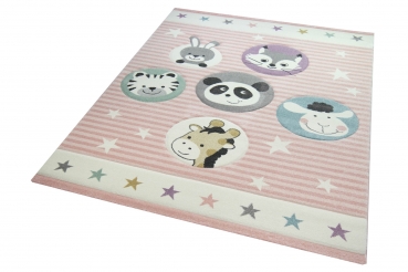 Preview: Kinderteppich Zoo Tiere in rosa creme