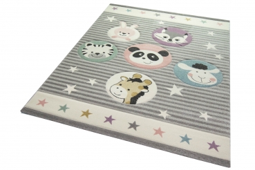 Preview: Kinderteppich Zoo Tiere in grau creme