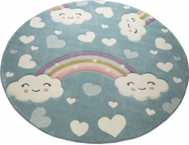 Preview: Kinderteppich mit Wolken Regenbogen und Herzen in blau