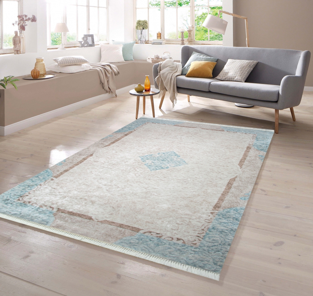 Print Teppich waschbar in Beige Türkis Creme