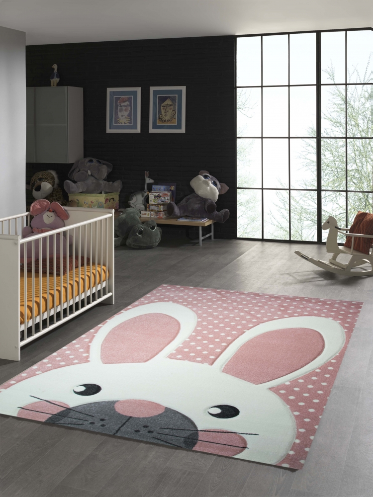 Kinderteppich Hase in Rosa Weiss Grau