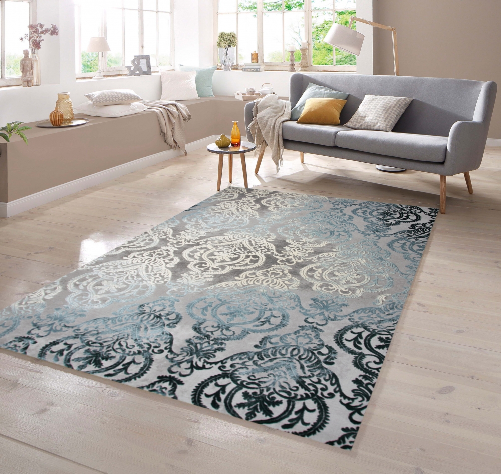 Designer Teppich Ornament Türkis Grau Cream