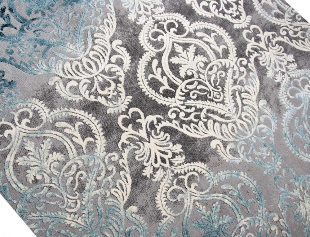 Designer Teppich Ornament Türkis Grau Cream