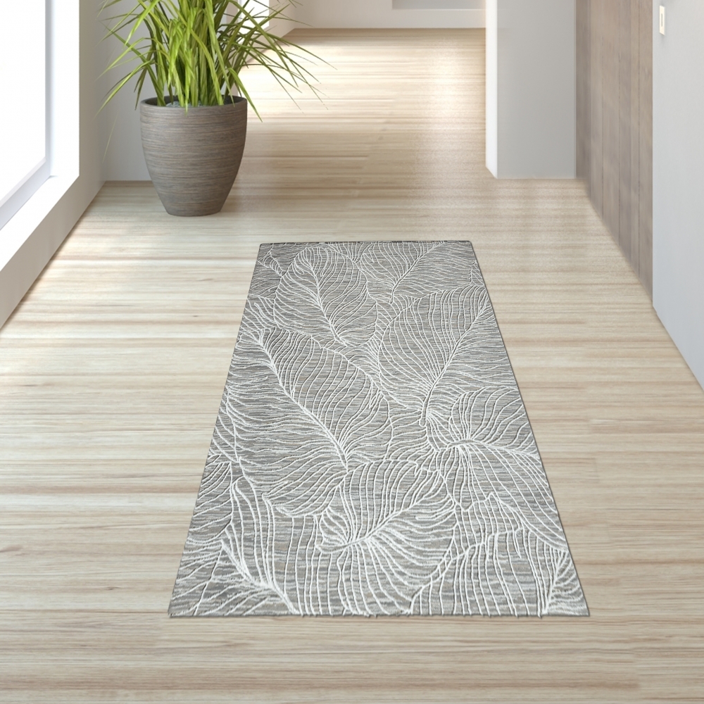 Recycle Teppich angenehm weich Blätterdesign in creme grau