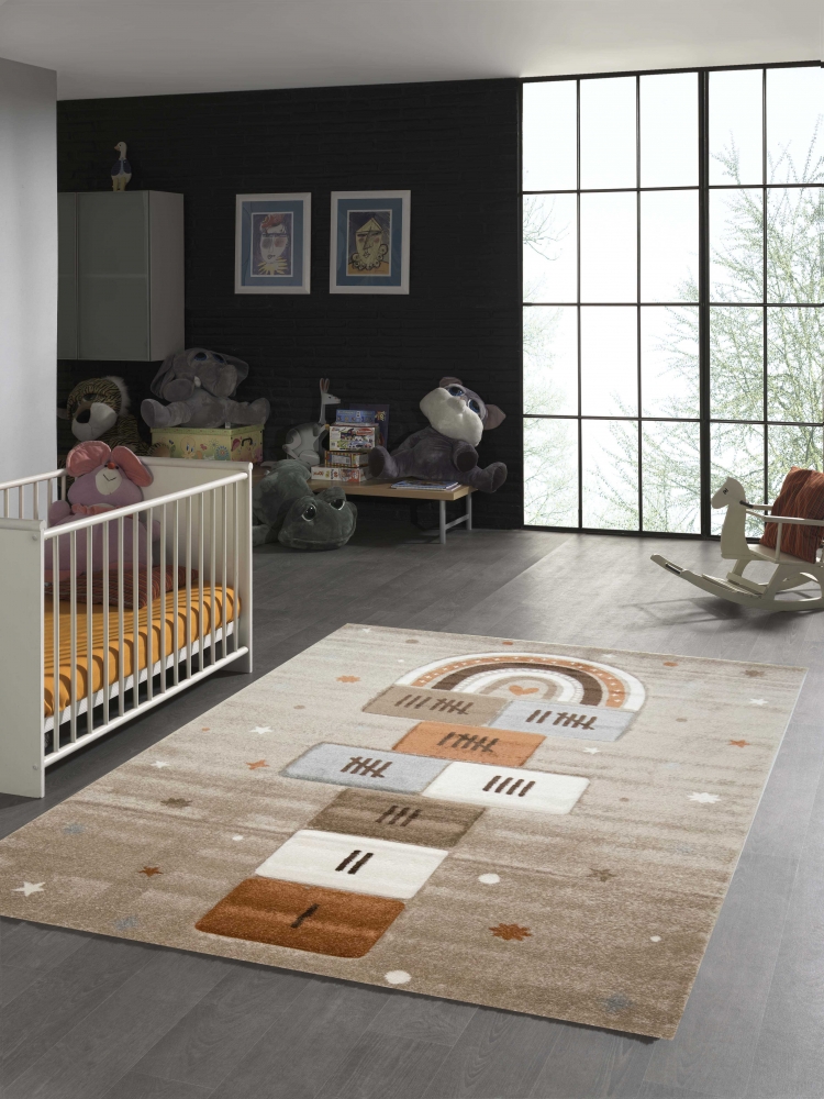 Kinderteppich Sternen Hüpfspiel beige braun grau