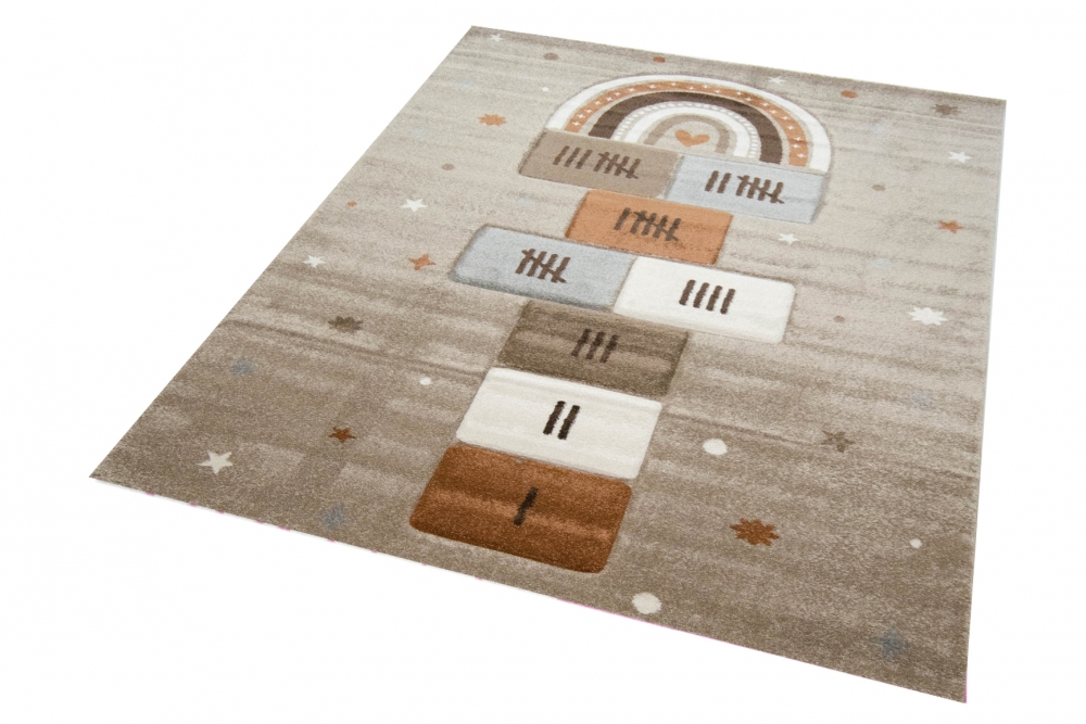 Kinderteppich Sternen Hüpfspiel beige braun grau