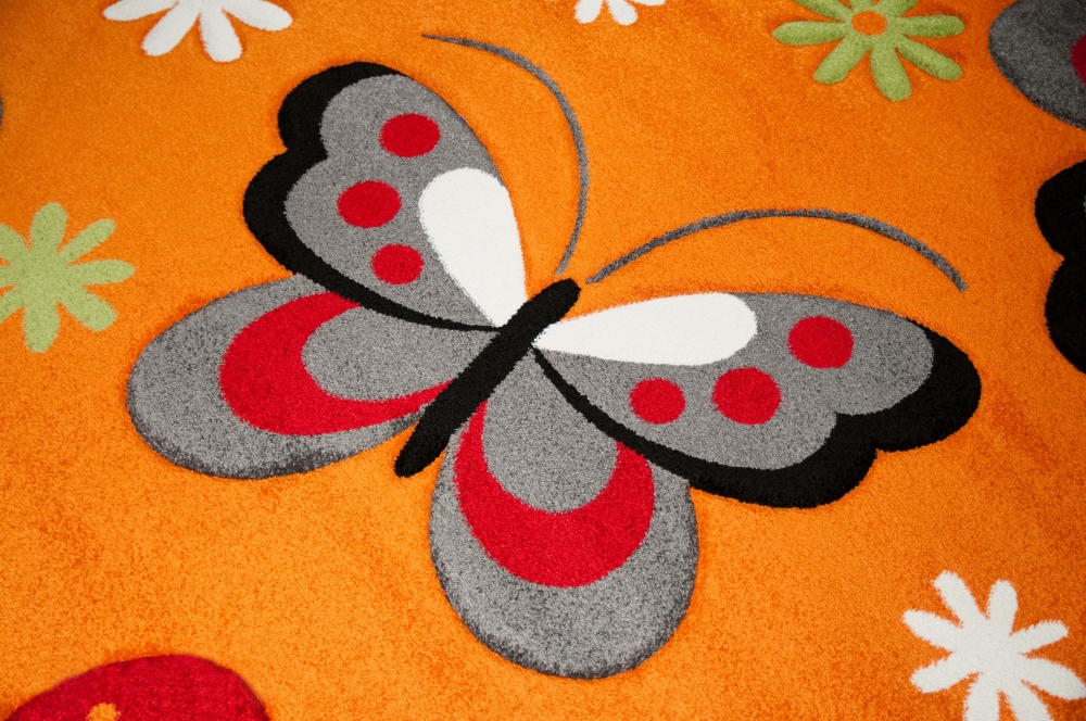 Kinderteppich Schmetterling Design Orange Rot Grau Grün Weiss