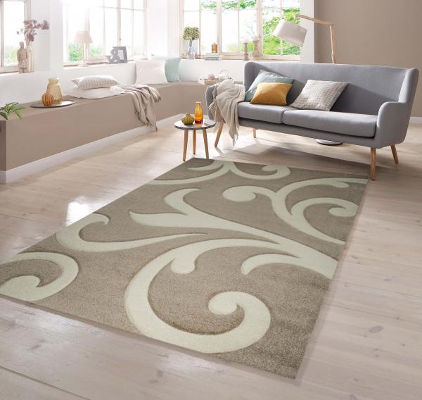 Designer Teppich mit Konturenschnitt Wellenmuster Braun Beige Mocca