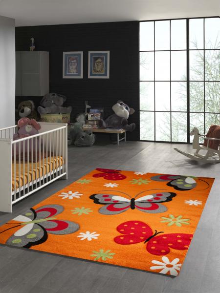 Kinderteppich Schmetterling Design Orange Rot Grau Grün Weiss