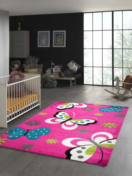 Kinderteppich Schmetterling Design Pink Türkis Grau Grün Creme